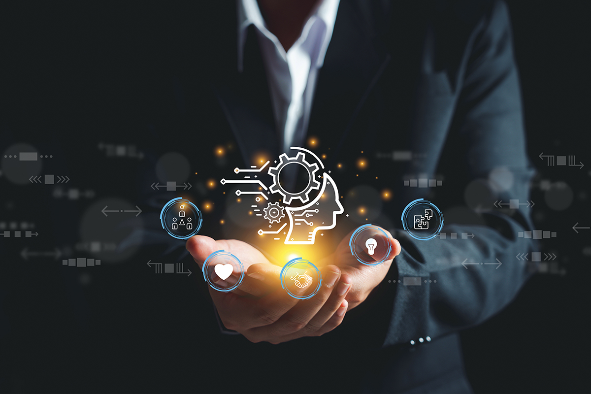 Businessman man of Power soft skill & multitasking skills business digital world,responsibility HR human development resources, creativity,EQ, Problem solving, persuasion, collaboration, adaptability.